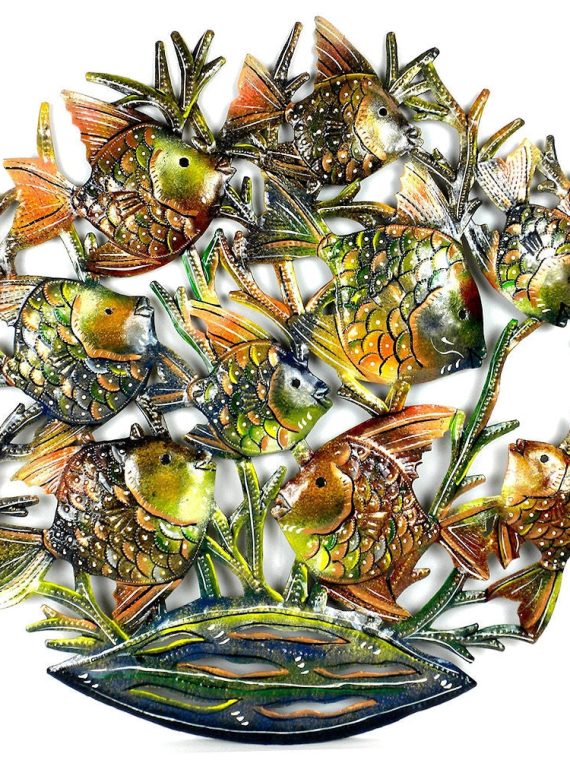 Hand Painted School of Fish Oil Drum Metal Art 24" | Haiti Fair Trade