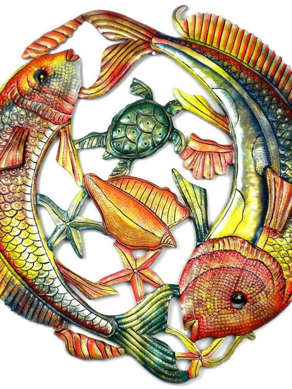 Hand Painted Fish Starfish Turtle Oil Drum Art 24" | Haiti Fair Trade