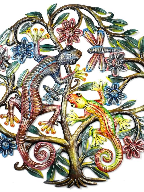 Hand Painted Tree Geckos Dragonfly Oil Drum Art 24" | Haiti Fair Trade