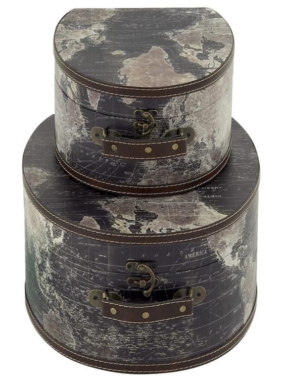 Stanford World Map Faux Leather Wood Travel Hat Box Storage Set of 2