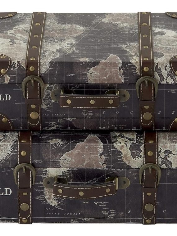 Stanford World Map Faux Leather Wood Suitcase Storage Box Set of 2