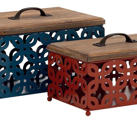 Trellis Design Metal with Wood Lid Rectangular Storage Box Set of 2