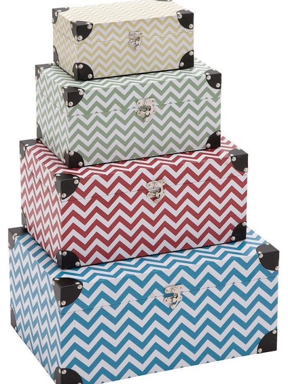 Zig Zag Pattern Wood Vinyl Rectangular Storage Box Set of 4