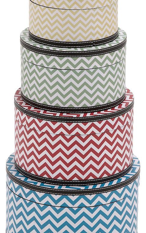 Zig Zag Pattern Wood Vinyl Round Hat Box Storage Set of 4