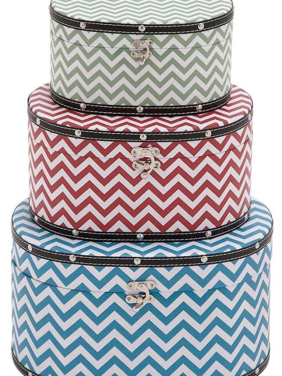 Zig Zag Pattern Wood Vinyl Oval Hat Box Storage Set of 3