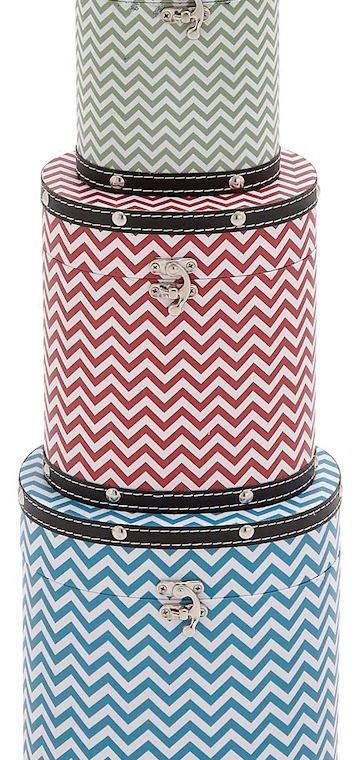 Zig Zag Pattern Wood Vinyl Tall Oval Hat Box Storage Set of 3