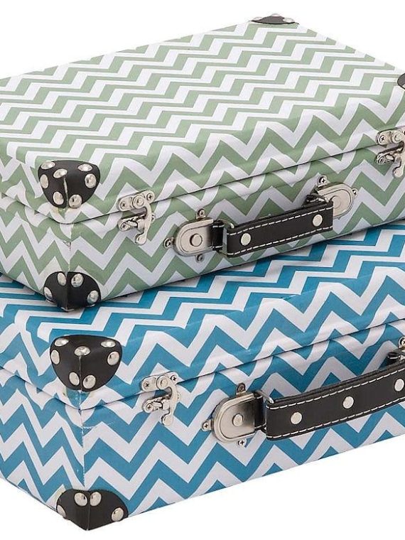 Zig Zag Pattern Wood Vinyl Suitcase Storage Box Set of 2