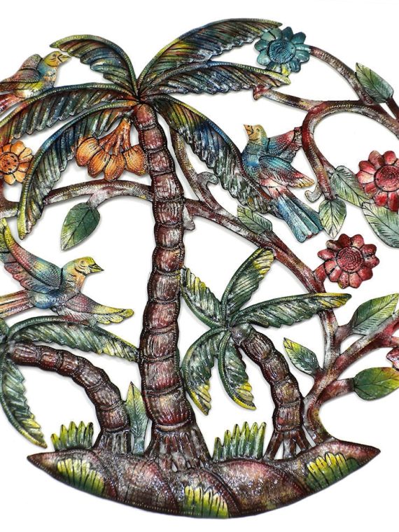 Hand Painted Palm Trees Oil Drum Metal Wall Art 24" | Haiti Fair Trade