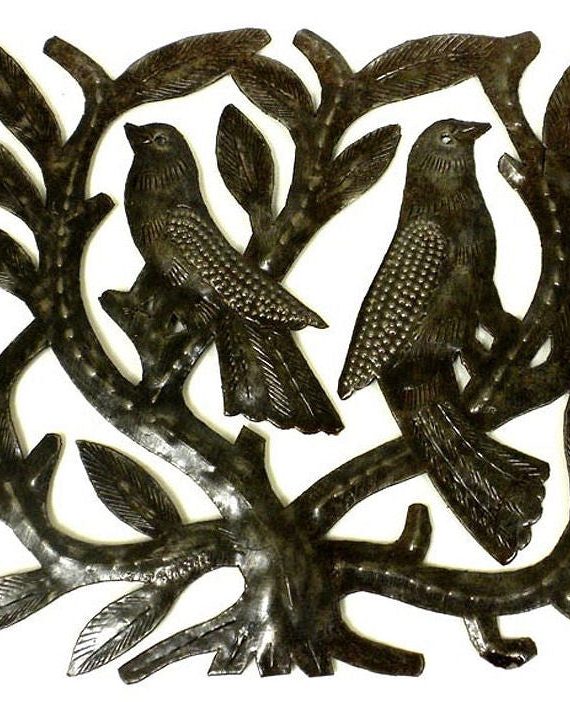 Small Square Tree of Life w/2 Birds Oil Drum Art 8" | Haiti Fair Trade