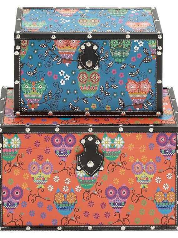 Vintage Owls Design Vinyl Wood Rectangular Storage Box Set of 2