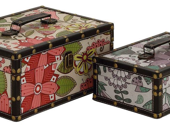 Vintage Floral Pattern Vinyl Wood Rectangular Storage Box Set of 2