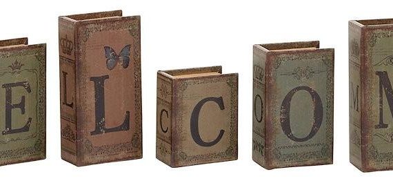 WELCOME Faux Leather Wood Mini Book Box Storage Set of 7