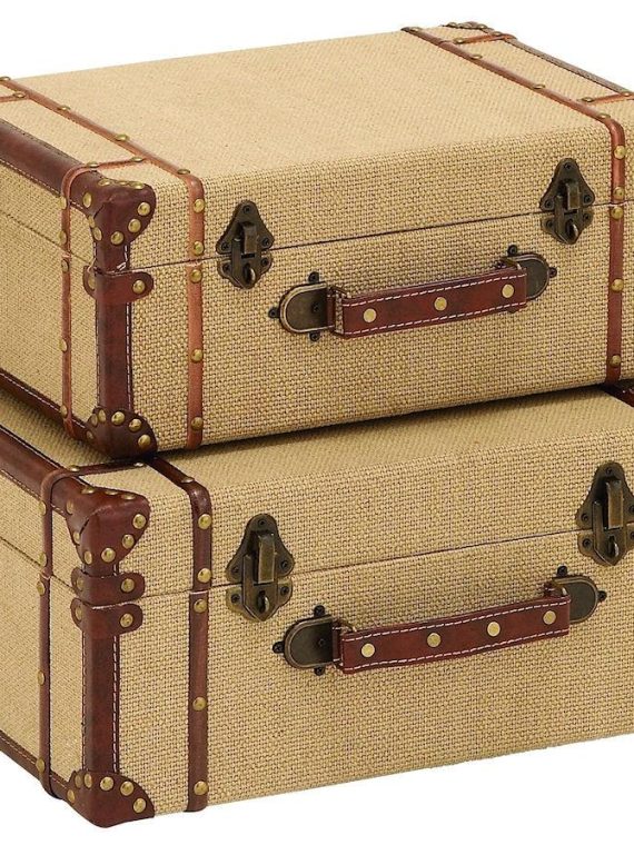 Vintage Design Burlap Wood Faux Leather Suitcase Storage Box Set of 2