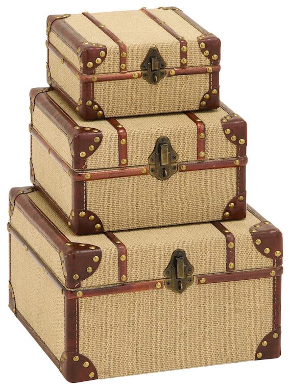Vintage Design Burlap Wood Faux Leather Square Storage Box Set of 3