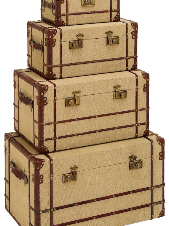 Vintage Design Burlap Wood Faux Leather Storage Trunk Set of 4