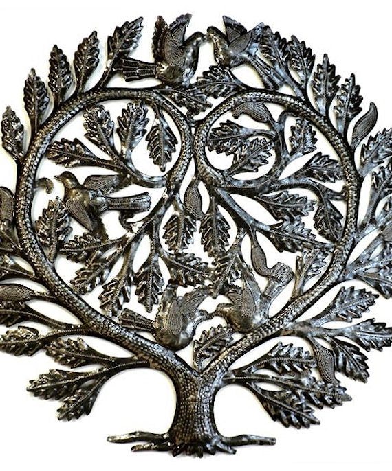 Tree of Life Heart with Birds Oil Drum Art 24" | Haiti Fair Trade