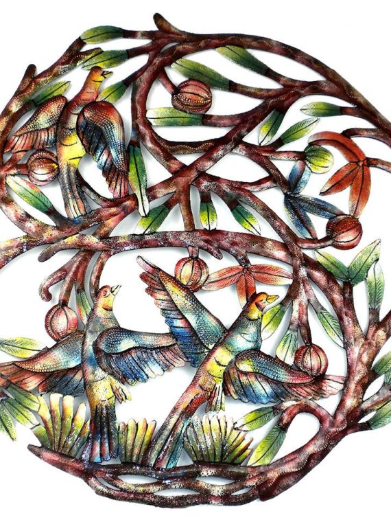 Hand Painted Tree w/ Birds & Buds Oil Drum Art 24" | Haiti Fair Trade
