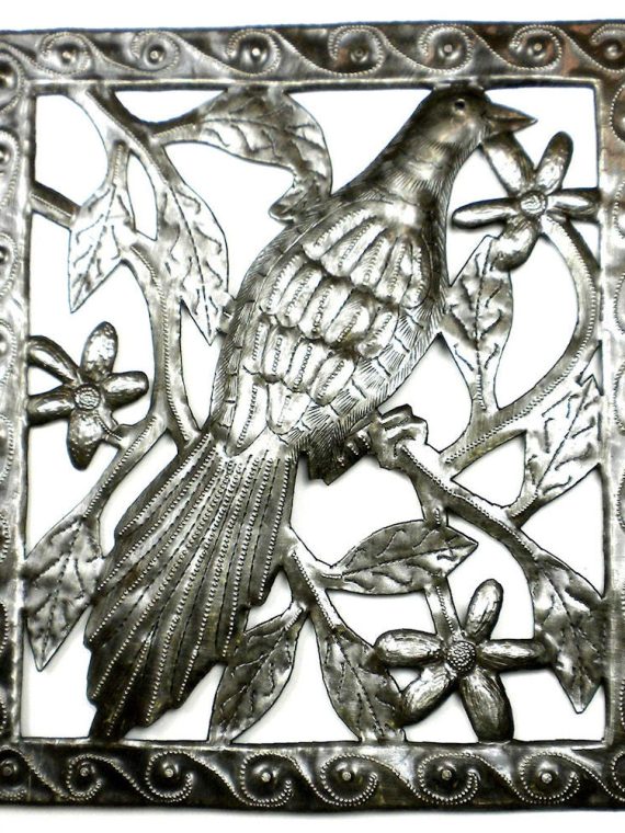 Single Bird in a Tree Oil Drum Metal Art 11x12" | Haiti Fair Trade
