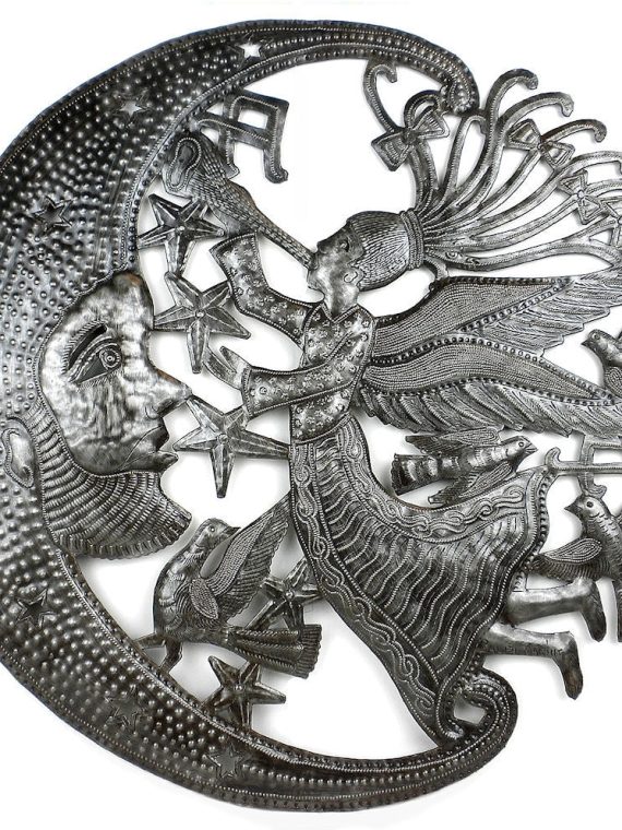 Angel on Moon w/ Birds Stars Oil Drum Metal Art 24" | Haiti Fair Trade