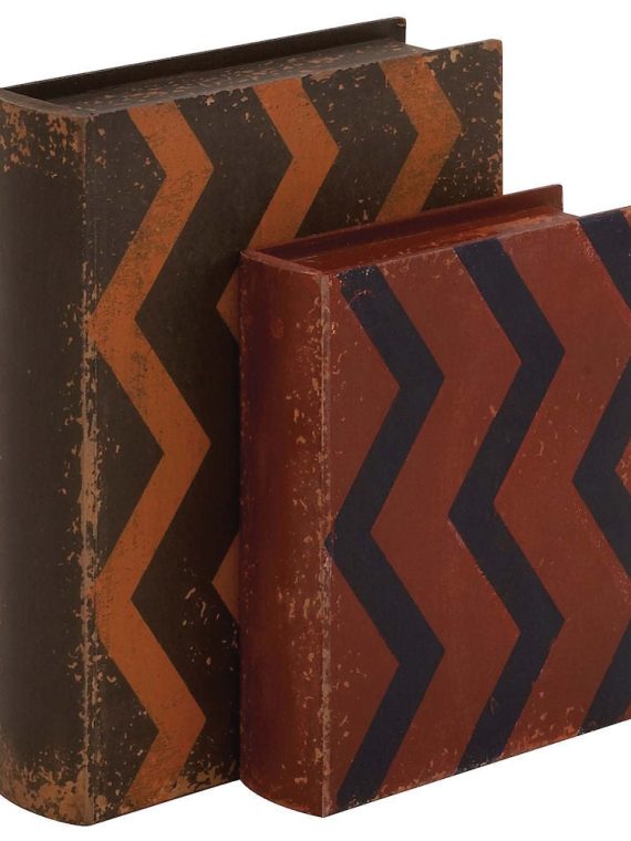 Zig Zag Pattern Faux Leather Wood Book Box Storage Set of 2
