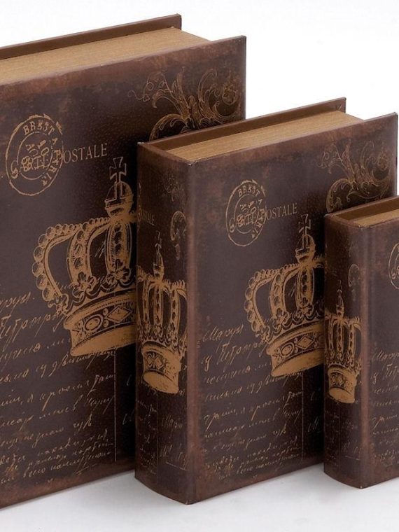 French Crown Postcards Wood Faux Leather Book Box Storage Set of 3