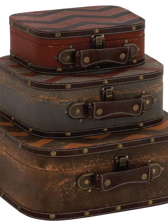 Zig Zag Pattern Faux Leather Wood Suitcase Storage Box Set of 3