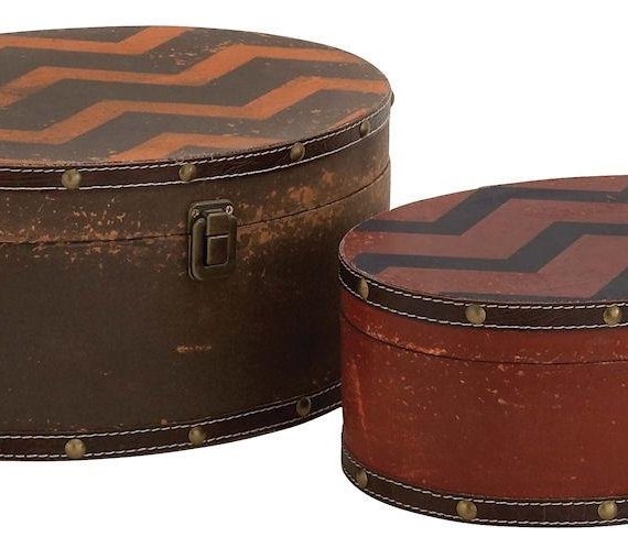 Zig Zag Pattern Faux Leather Wood Oval Storage Box Set of 2
