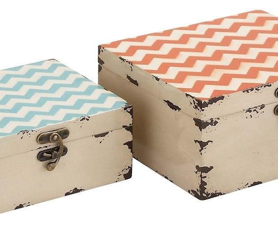Zig Zag Pattern Wood Vinyl Square Storage Box Set of 2