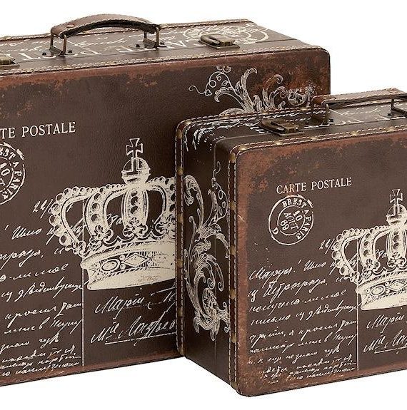 French Crown Postcards Faux Leather Wood Suitcase Box Set of 2