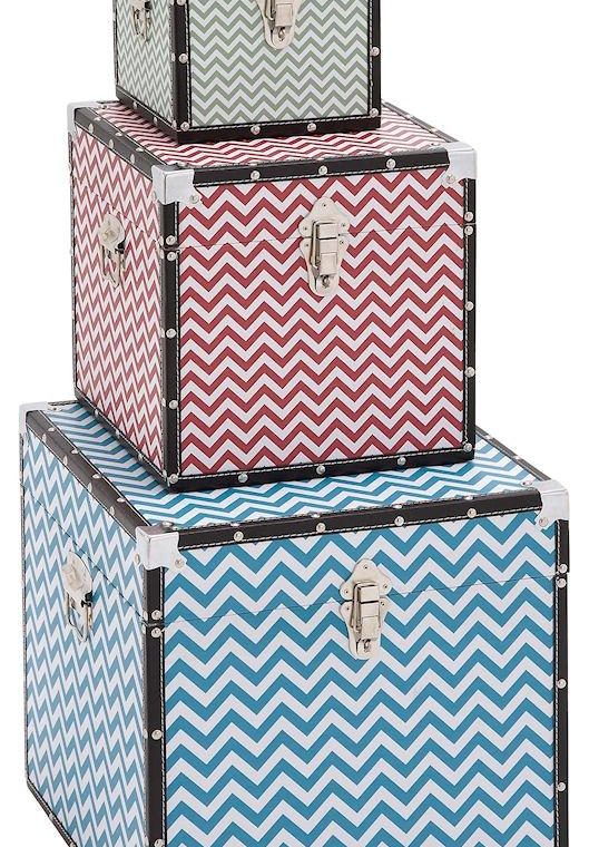 Zig Zag Pattern Wood Vinyl Square Storage Box Set of 3
