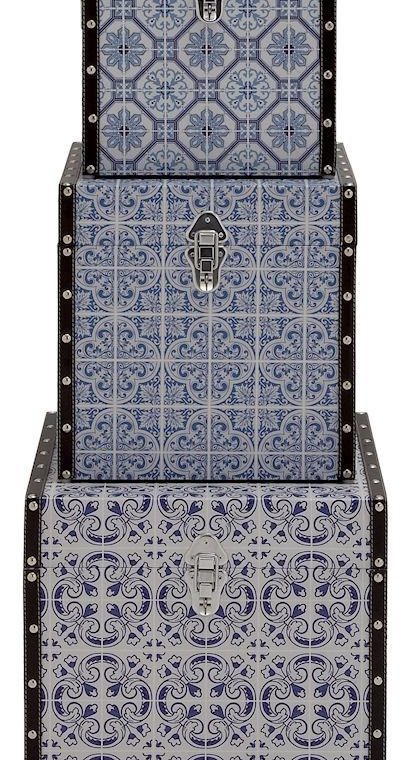 Tiled Quatrefoil Wood Vinyl Square Storage Box Set of 3
