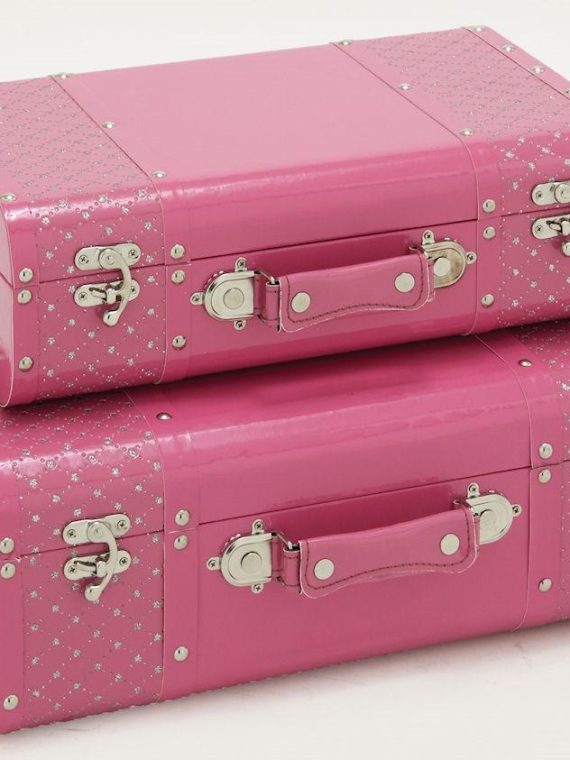 White Stars on Pink Faux Leather Wood Suitcase Storage Box Set of 2