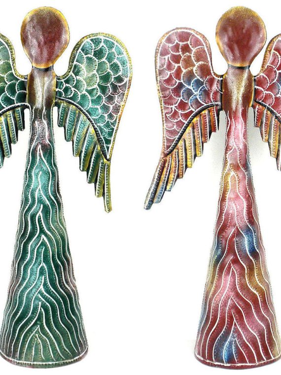 Green or Pink Hand Painted Tabletop Metal Angel 12" | Haiti Fair Trade