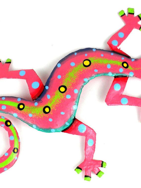 Hand Painted Pink Gecko 8" Oil Drum Metal Wall Art | Haiti Fair Trade