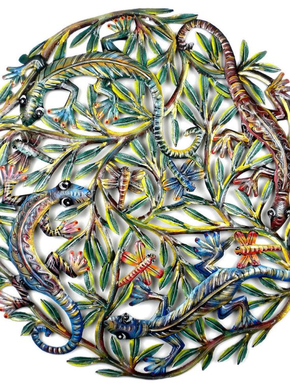 Hand Painted Lizards Dragonflies Oil Drum Art 24" | Haiti Fair Trade