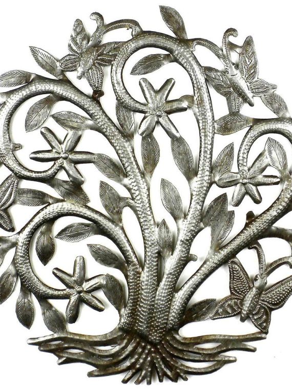 Tree of Life w/Butterflies & Flowers Metal Art 14" | Haiti Fair Trade