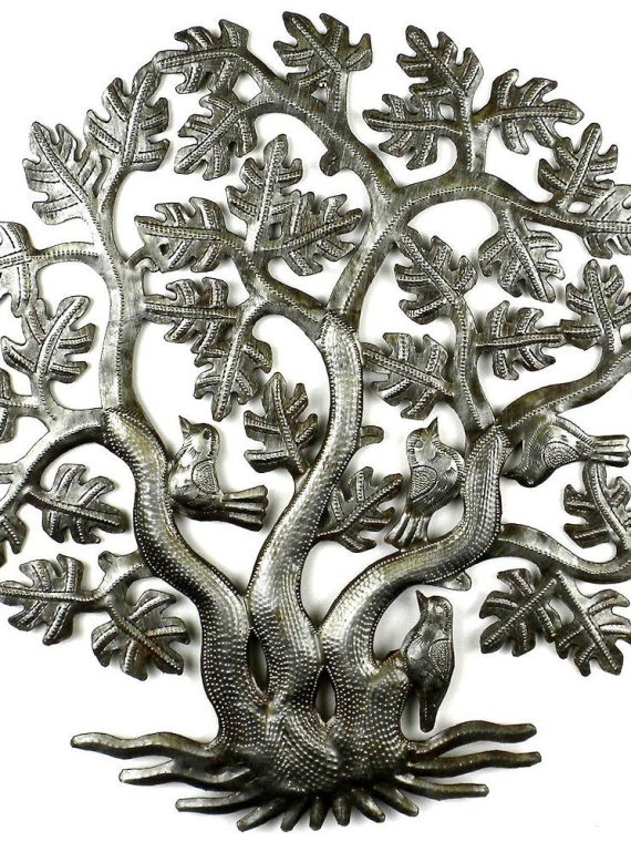 3-Trunk Tree of Life with Birds Metal Wall Art 14" | Haiti Fair Trade