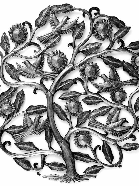 Flowering Tree of Life with Birds Oil Drum Art 34" | Haiti Fair Trade