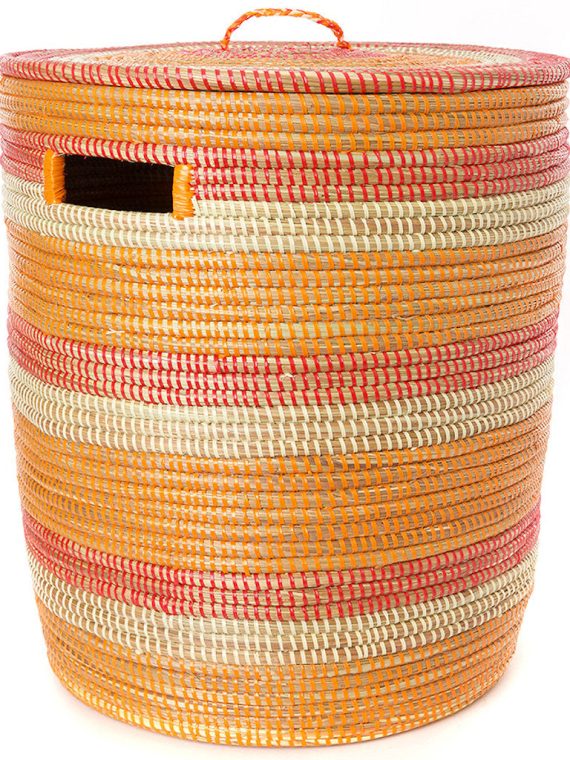 Orange Red & Cream Stripe Medium Sahara Woven Laundry Hamper Basket