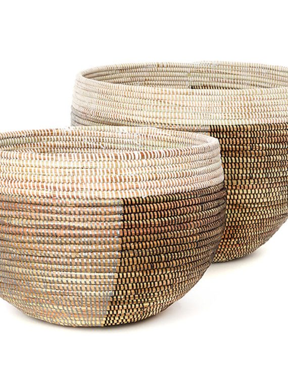 Black Silver & White Half & Half Set of 2 Open Nesting Deep Bowl Storage Baskets
