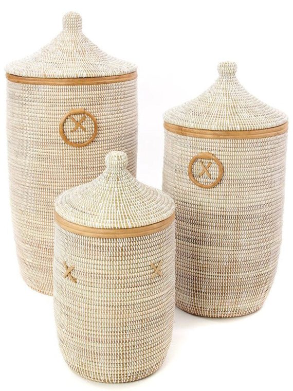 White Set of 3 Traditional Hamper Storage Baskets with Tan Leather Trim