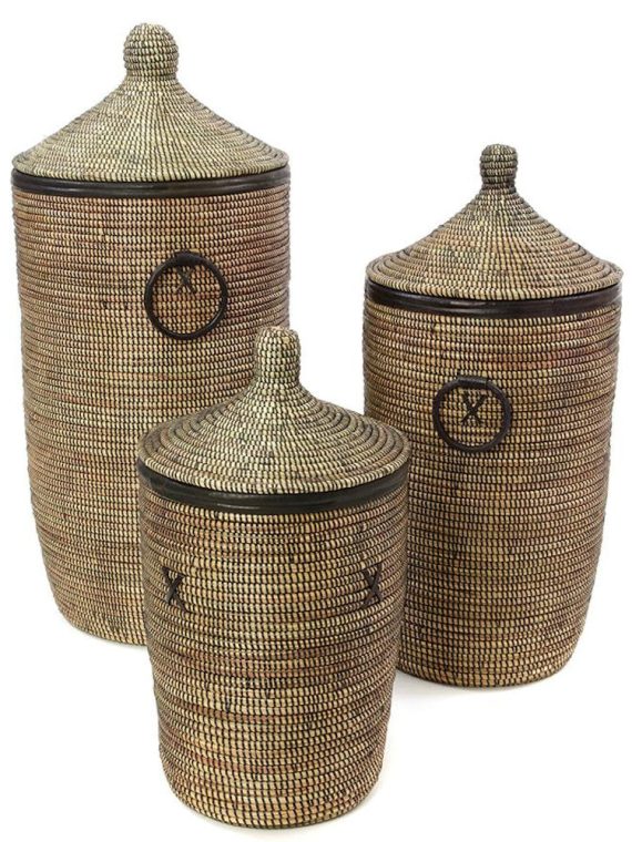Black Set of 3 Traditional Hamper Storage Baskets with Black Leather Trim