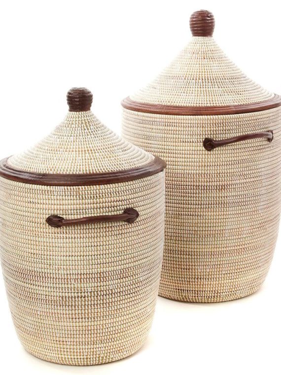 White Set of 2 Traditional Hamper Storage Baskets with Leather Trim