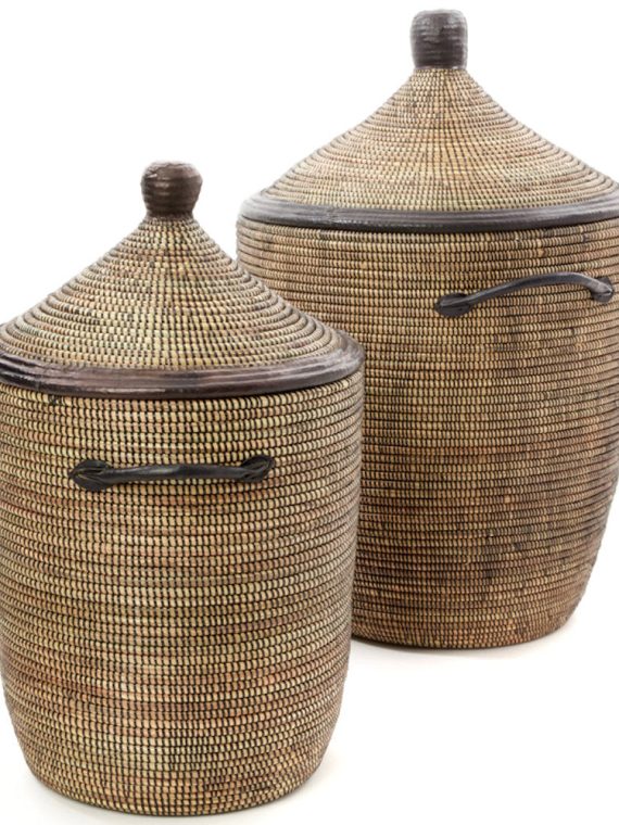 Black Set of 2 Traditional Hamper Storage Baskets with Leather Trim