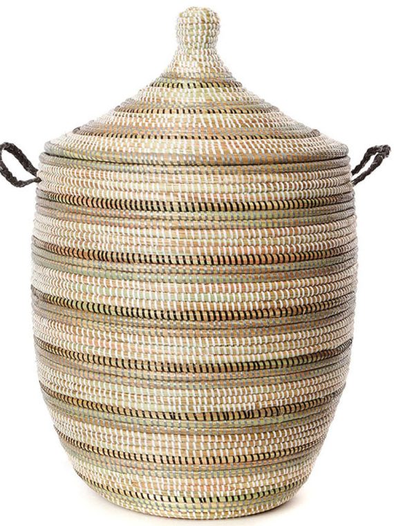 Black Silver & White Stripe Medium Traditional Laundry Hamper Storage Basket